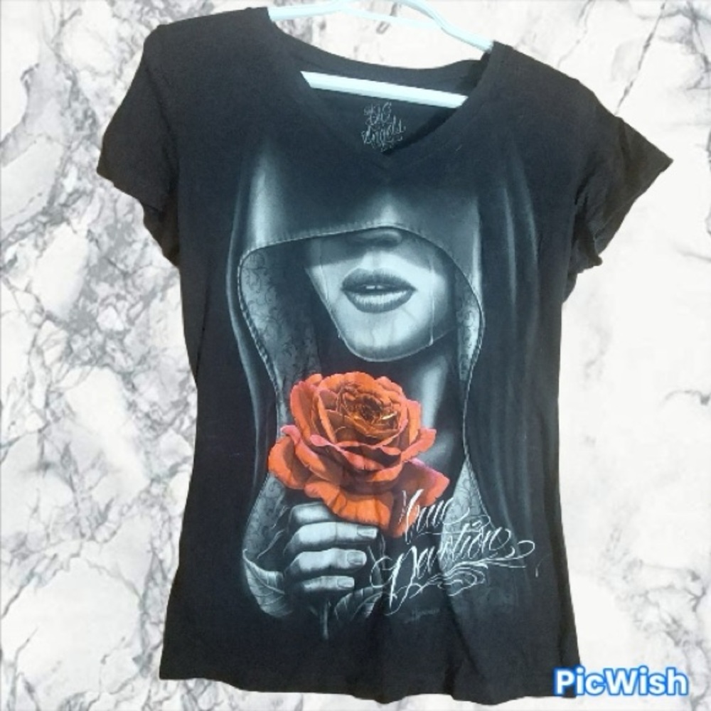 Devotion women’s V-neck T-shirt, DGA brand, David Gonzalez artist; urban style